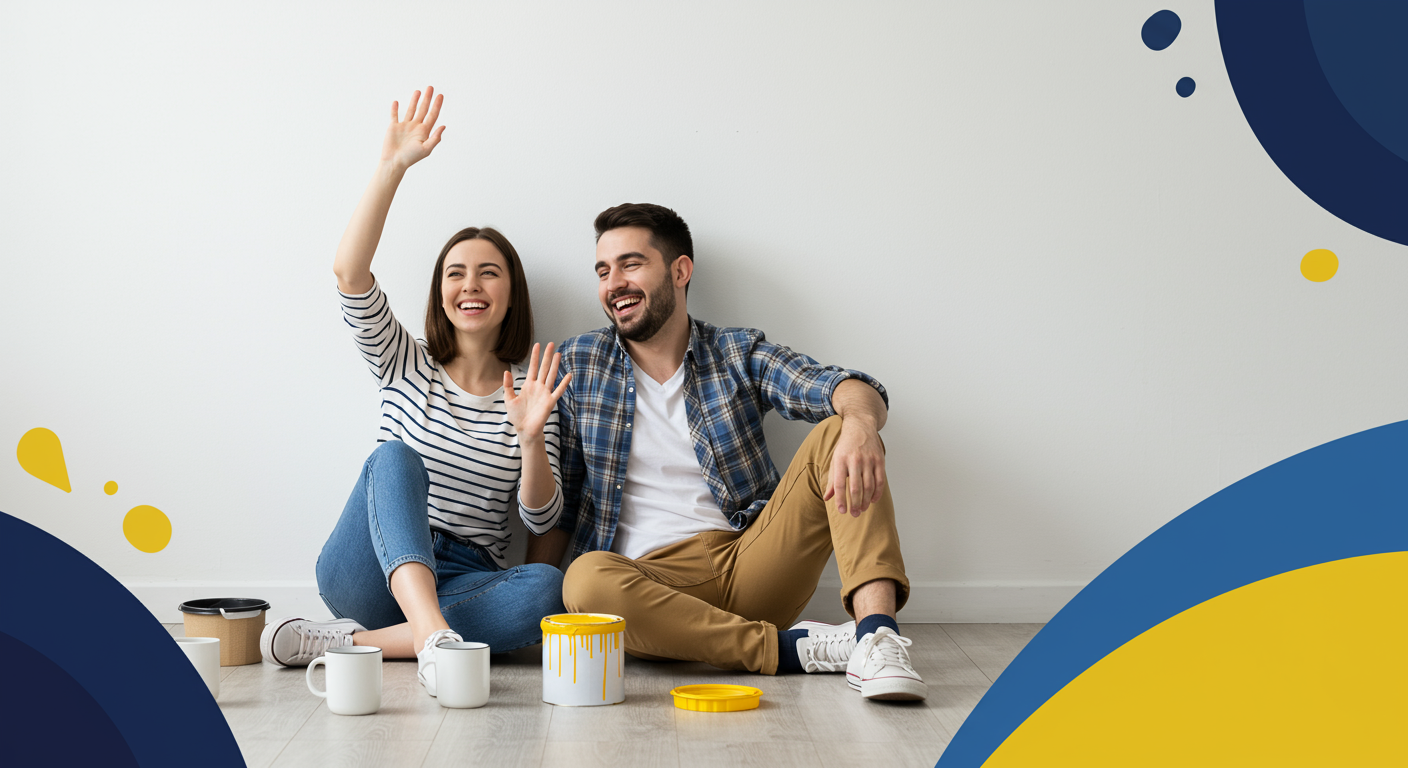 Smiling couple sits with paint supplies in a bright room, ready to make home updates.