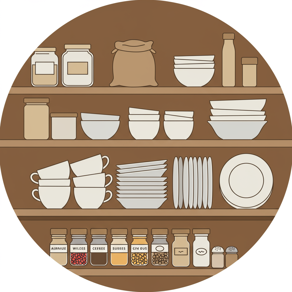 Organized pantry shelves with jars, bowls, cups, plates, and spice containers.