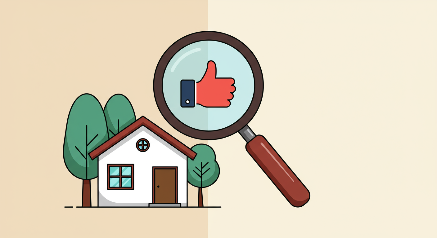 House and trees beside a magnifying glass with a thumbs-up symbol.