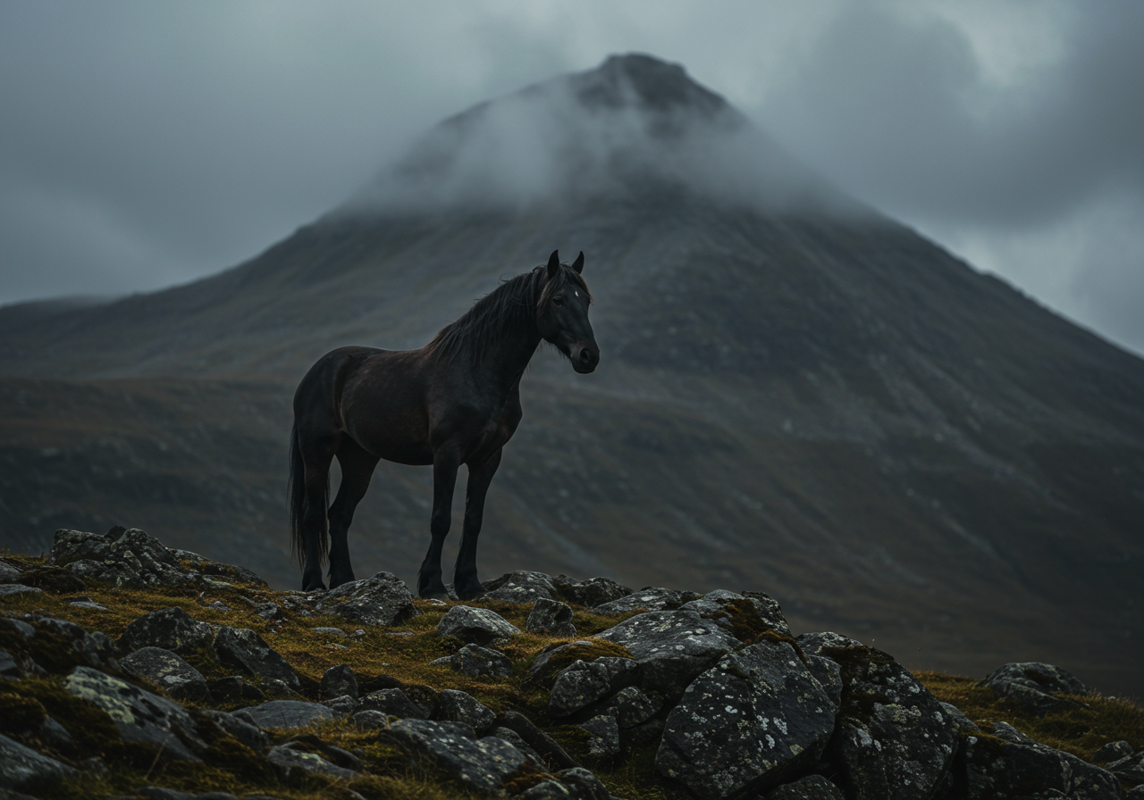 A black stallion standing aat the top of a hill in Iceland.