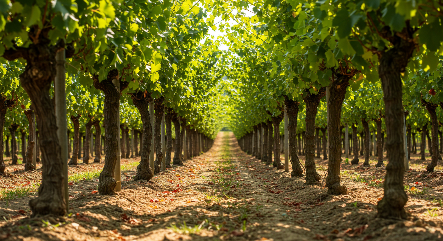 Vineyard in Sonoma County with a view from under the vines