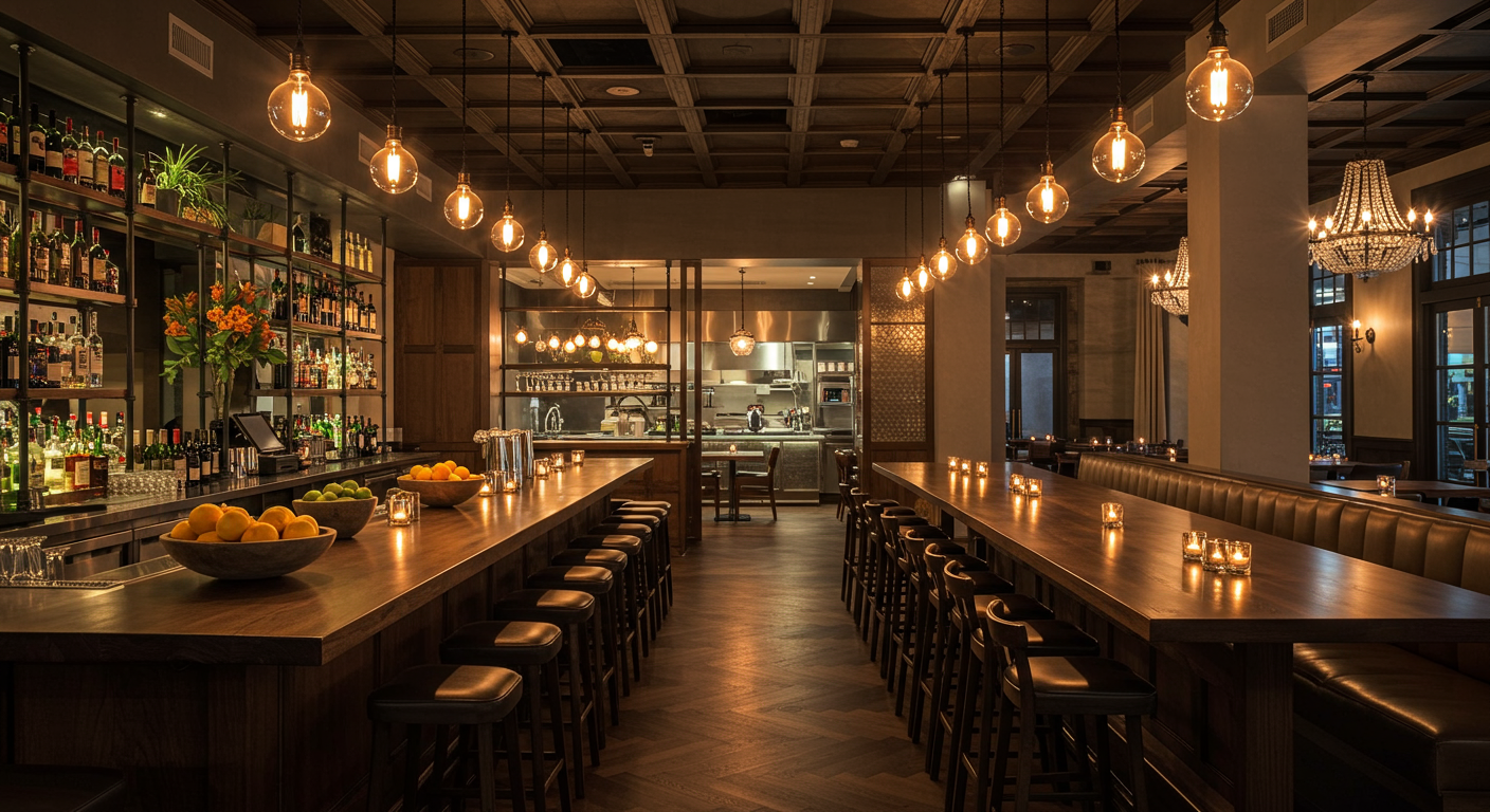 Roma Antica beckons guests with its rich wooden interiors, ambient lighting, and a well-stocked bar adorned with fresh fruits. The elegant chandeliers cast a soft glow, highlighting the meticulous craftsmanship and timeless design that defines this beloved dining haven.