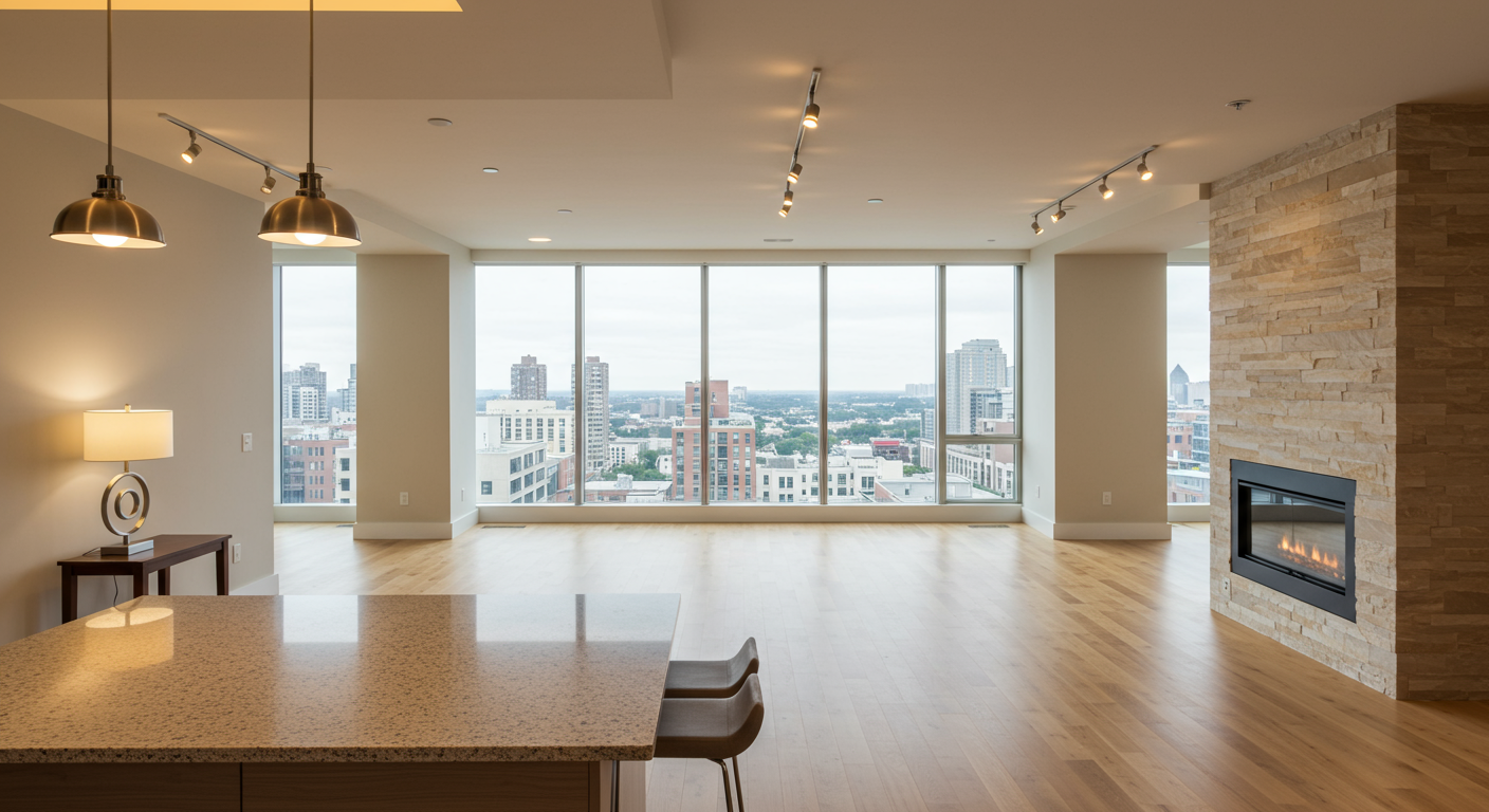a bedroom with a fireplace