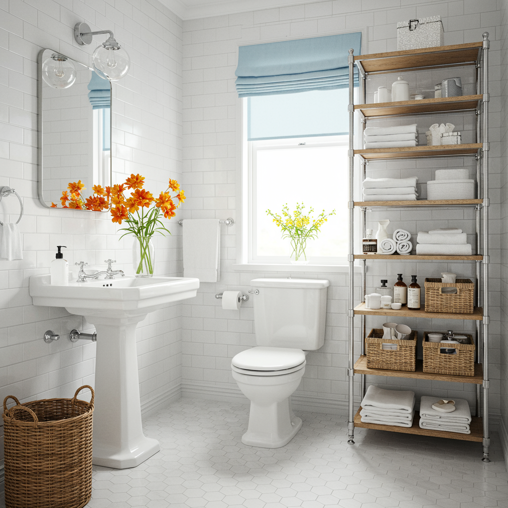 White bathroom with orange flowers