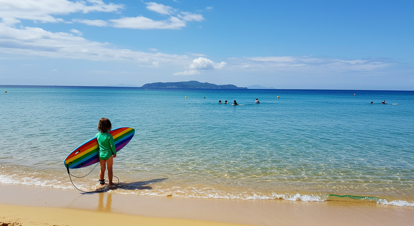 child with board on maui beach