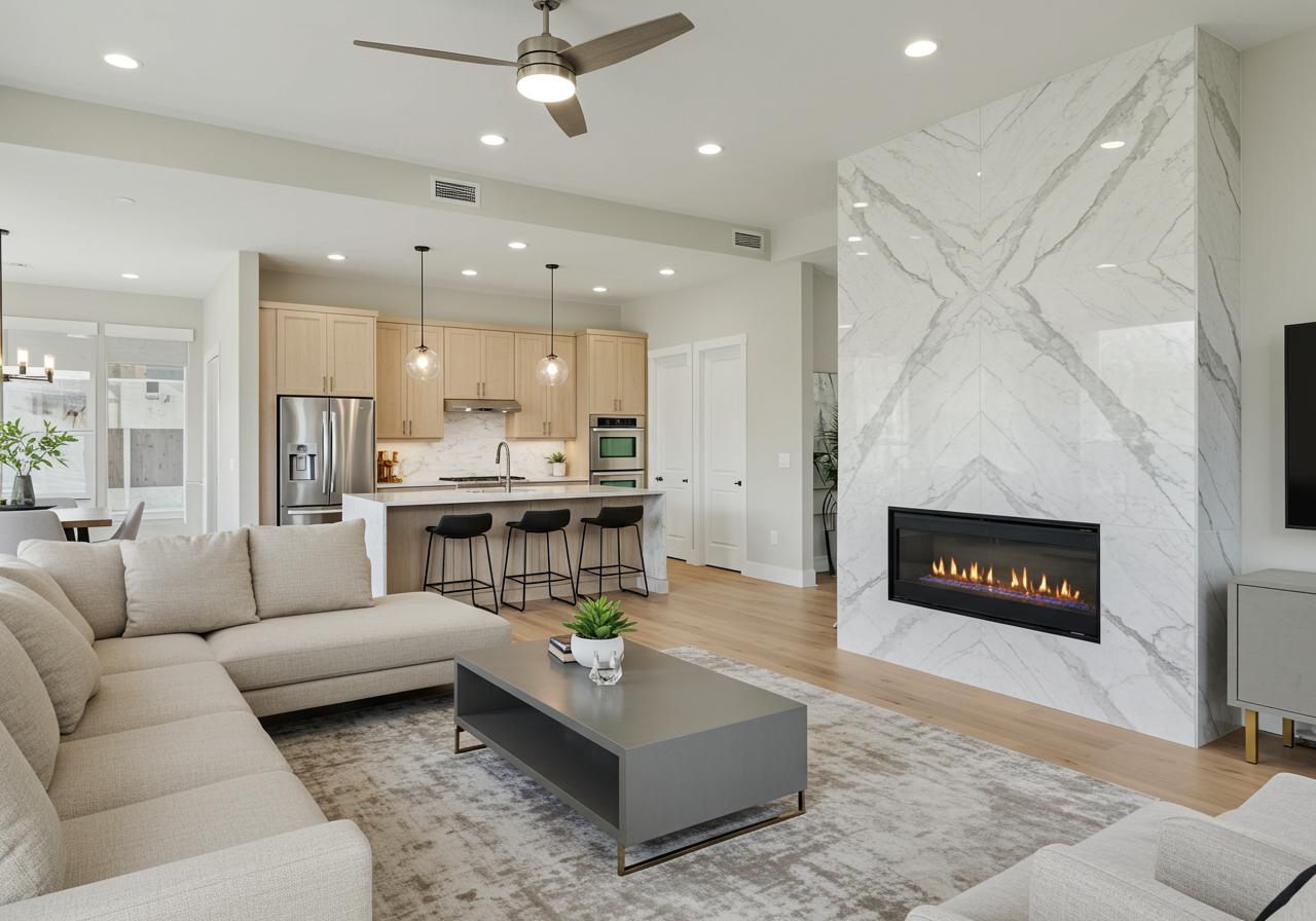 Upgraded, open format kitchen and living room at 9 Seabluff, Newport Beach in Bonita Canyon