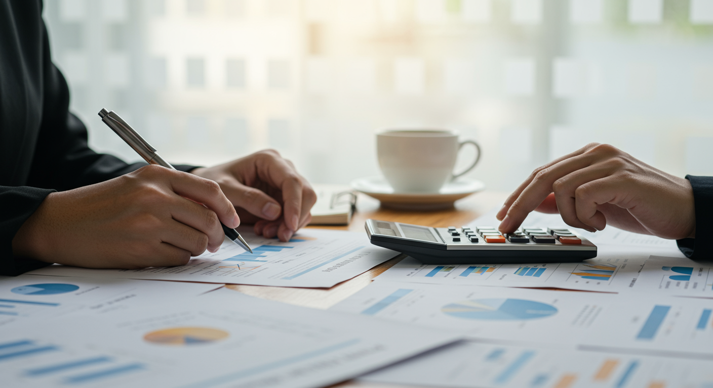 Close-up of a person using a calculator while filling out financial forms on a desk.