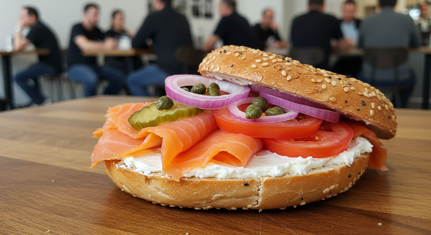 A loaded bagel sandwich with pickled onions, capers, and tomato from Layla in Santa Monica.