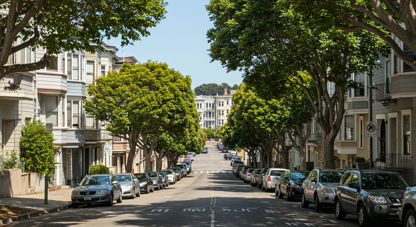 a street with cars parked on the side and trees on the side