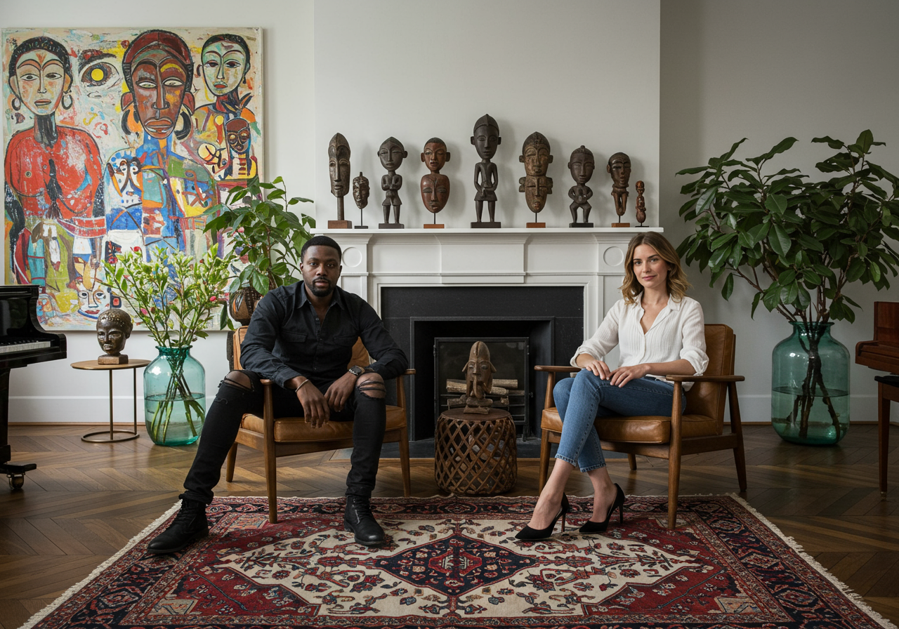 Rashid Johnson is wearing a navy shirt with front pockets, ripped black jeans and white slip-ons and is sitting on the edge of an armchair. Sheree Hovsepian is sitting in the chair, wearing a white button-up, blue jeans and black heels. Behind them, a fireplace with a stone mantlepiece with a row of sculptures on top.