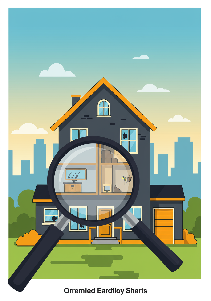 Illustrated fixer-upper house inspected through a magnifying glass, revealing interior damage and a spider.