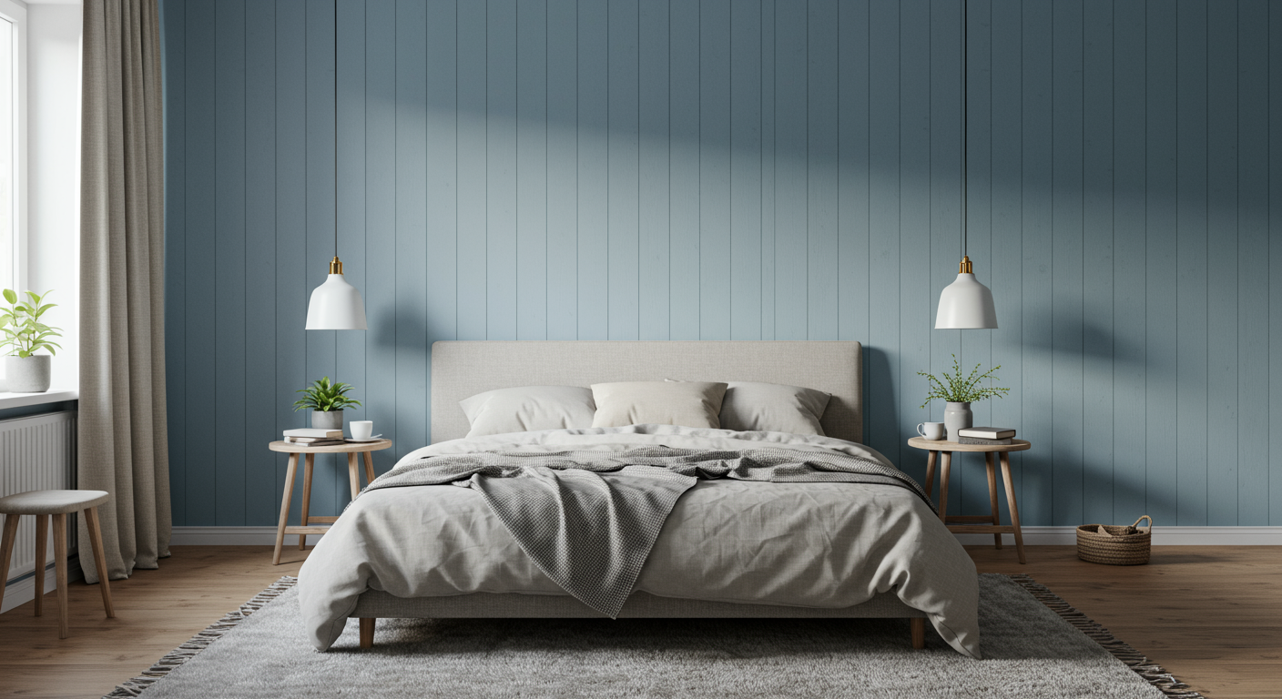 bedroom modern rustic blue-green wall board and batten muted colors