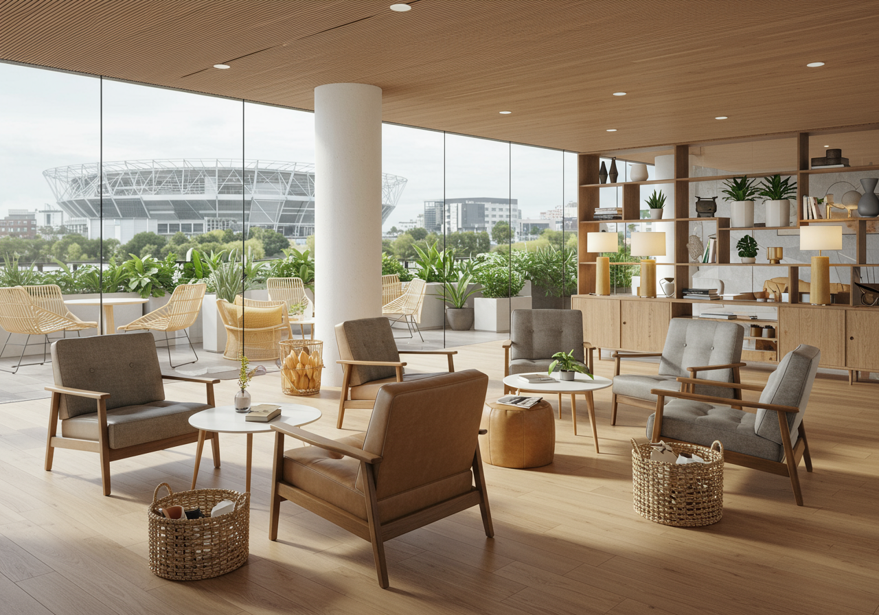 Lounge chairs indoors in front of a windowed patio.
