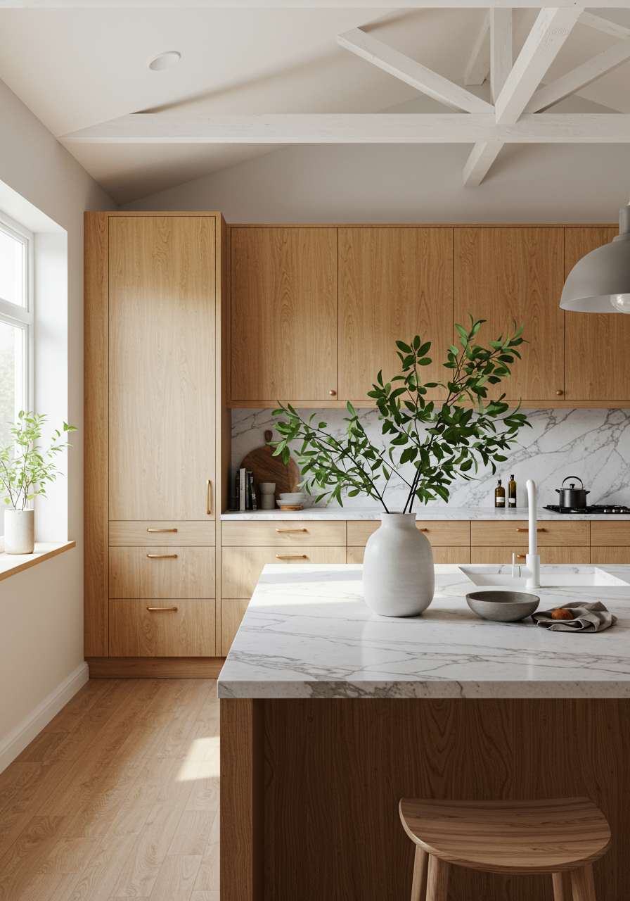 This calming kitchen designed by Studio PHH lets older elements—like a painted beamed ceiling—offset more contemporary...