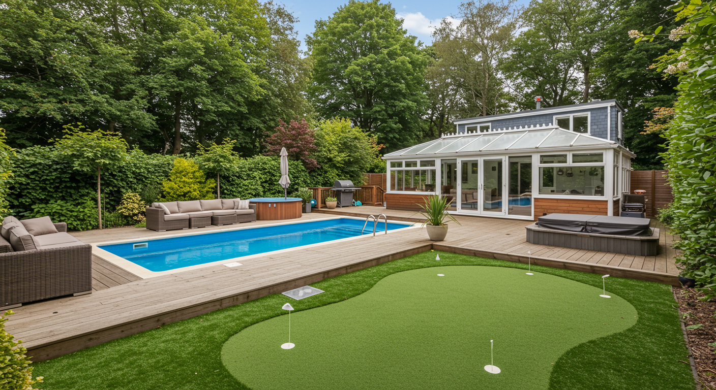 Backyard with a swimming pool, putting green, deck seating, hot tub, and glass-enclosed sunroom.
