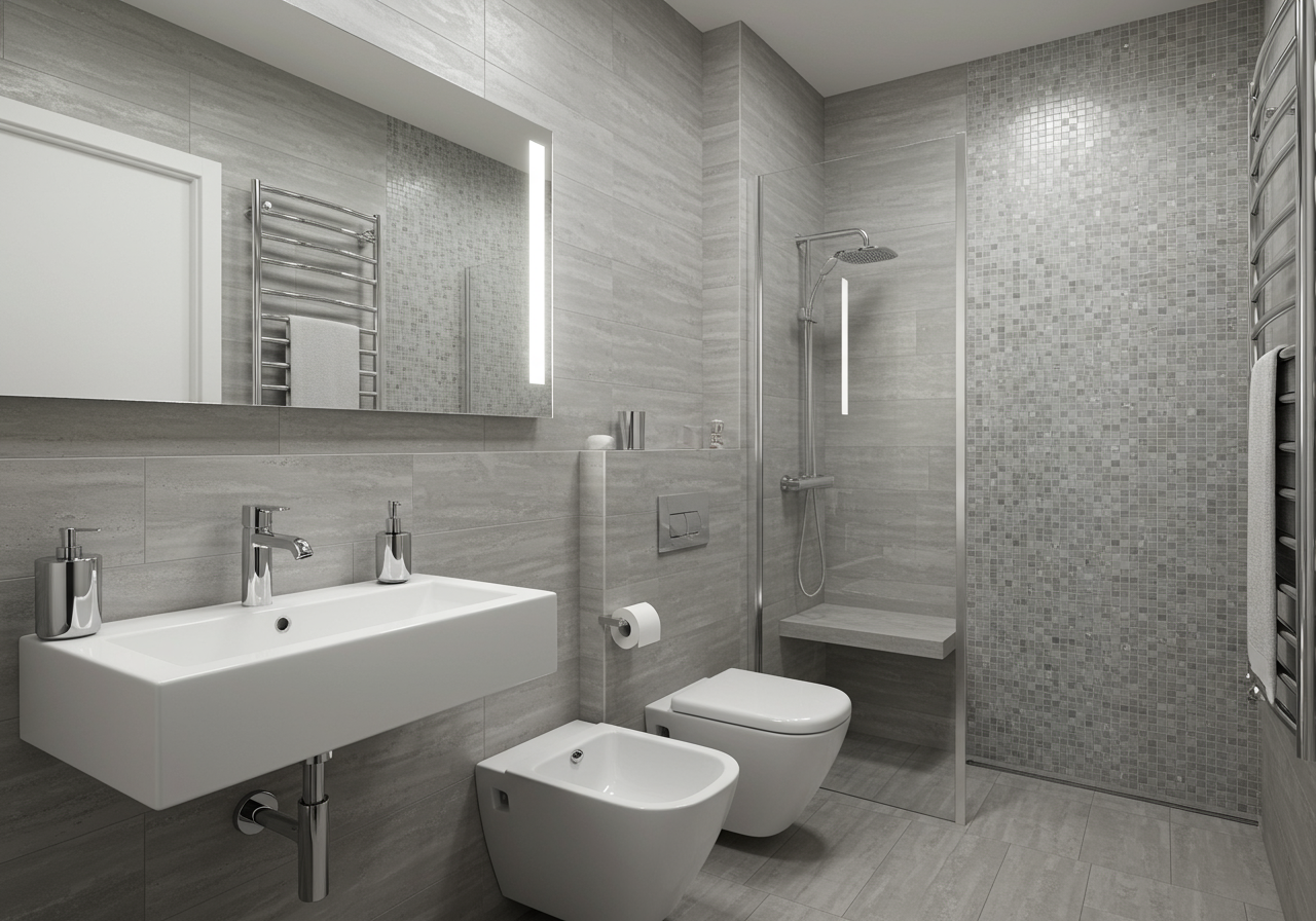 Modern gray-tiled bathroom with a wall-mounted sink, toilet, bidet, and glass walk-in shower.