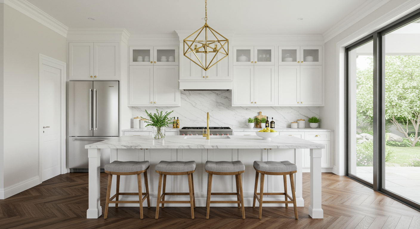 A kitchen with a large island in the middle, stools, and a stove