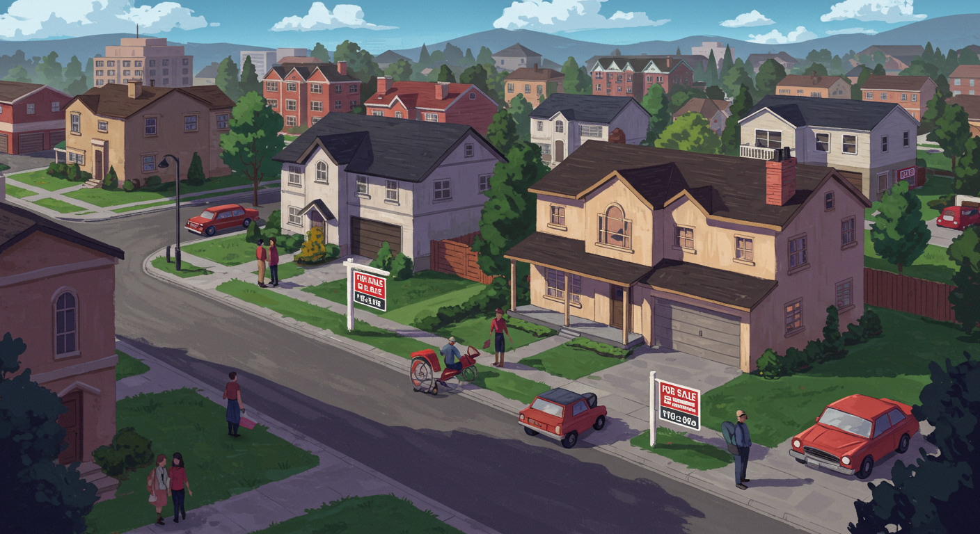 Illustrated residential neighborhood with homes for sale, pedestrians, and cars along a tree-lined street.