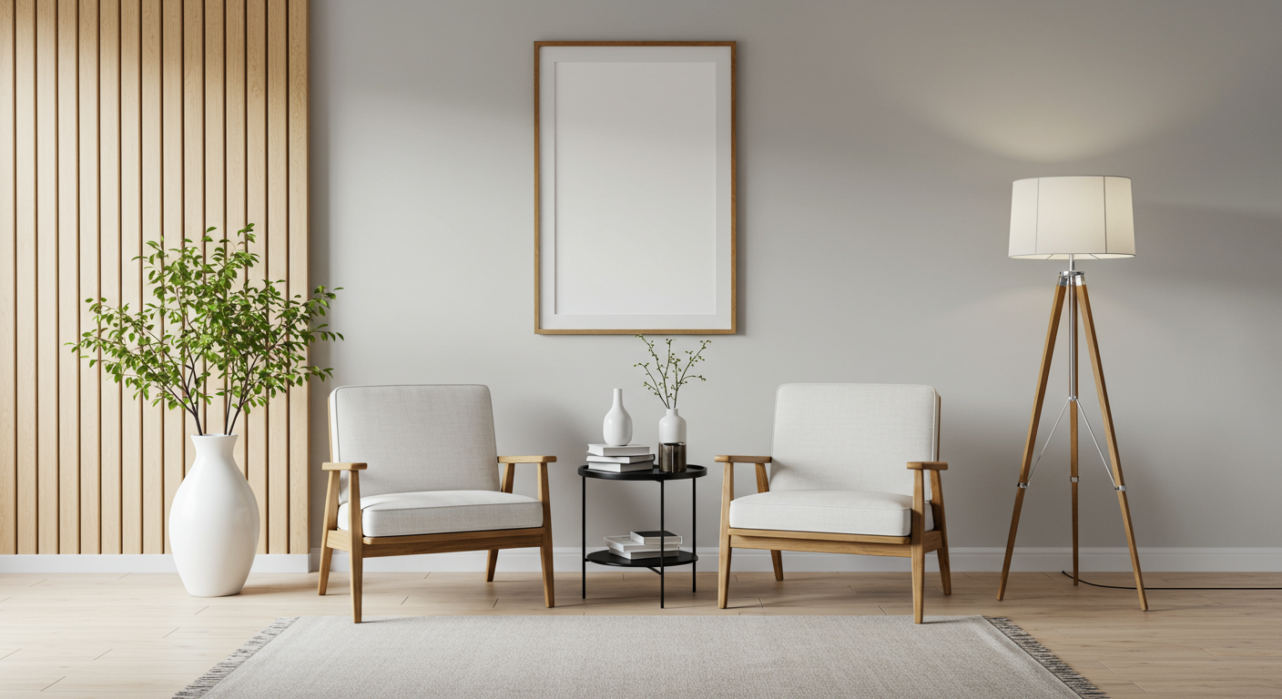 two wooden chairs on white wall