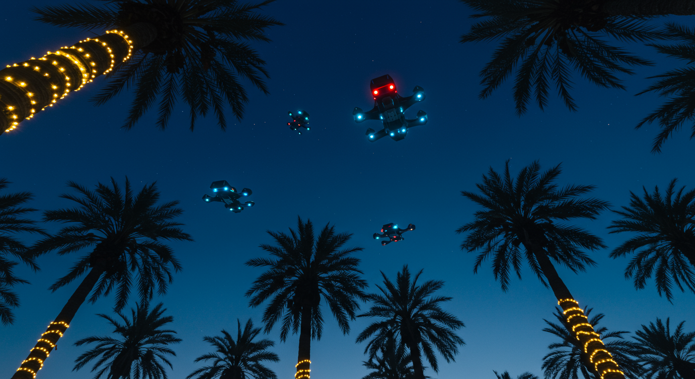 Drones rising up with palm trees behind them.