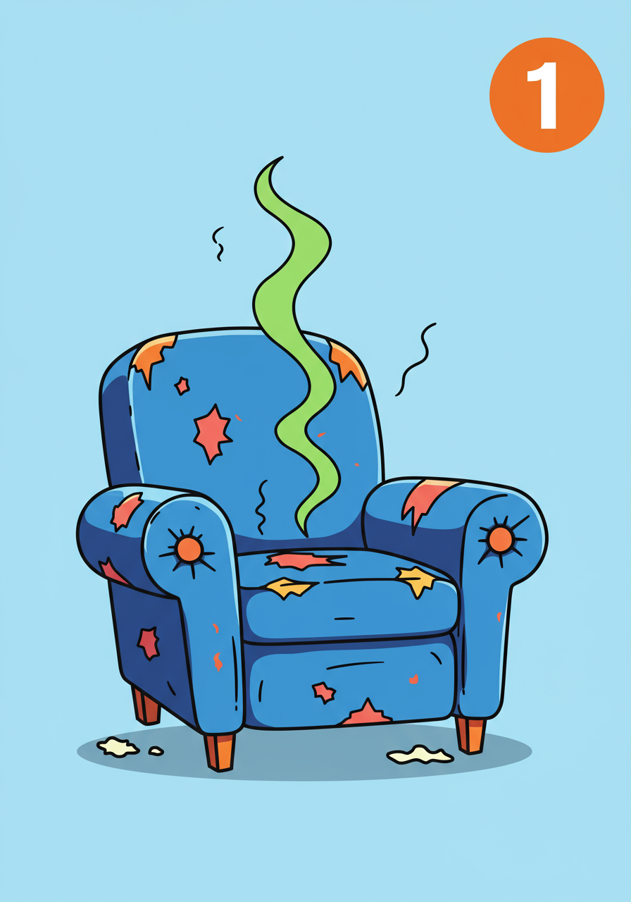 Worn blue armchair with torn patches and wisps of odor, marked number 1.