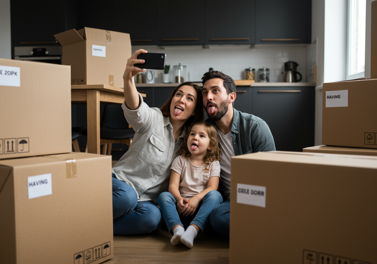 Child smiling while helping pack during a move