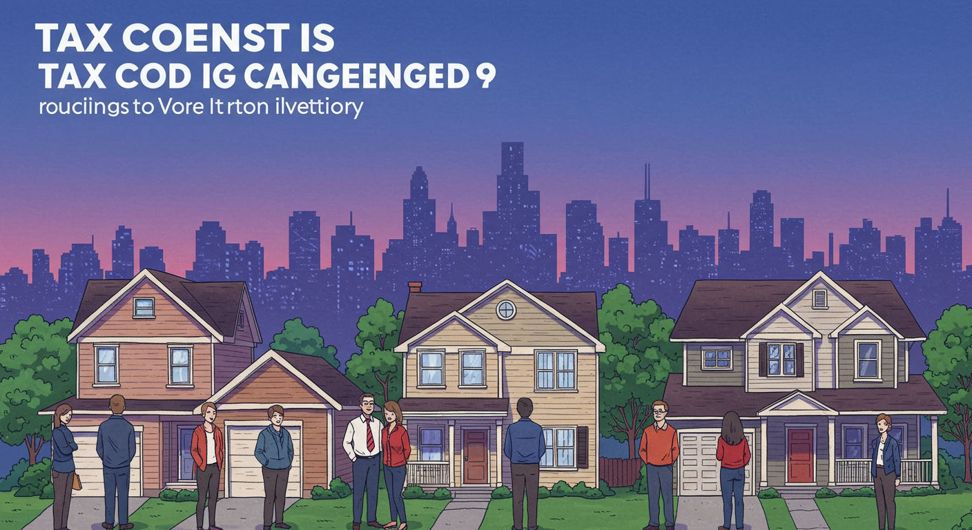 Illustrated houses and people beneath a city skyline, with a large tax-themed headline.