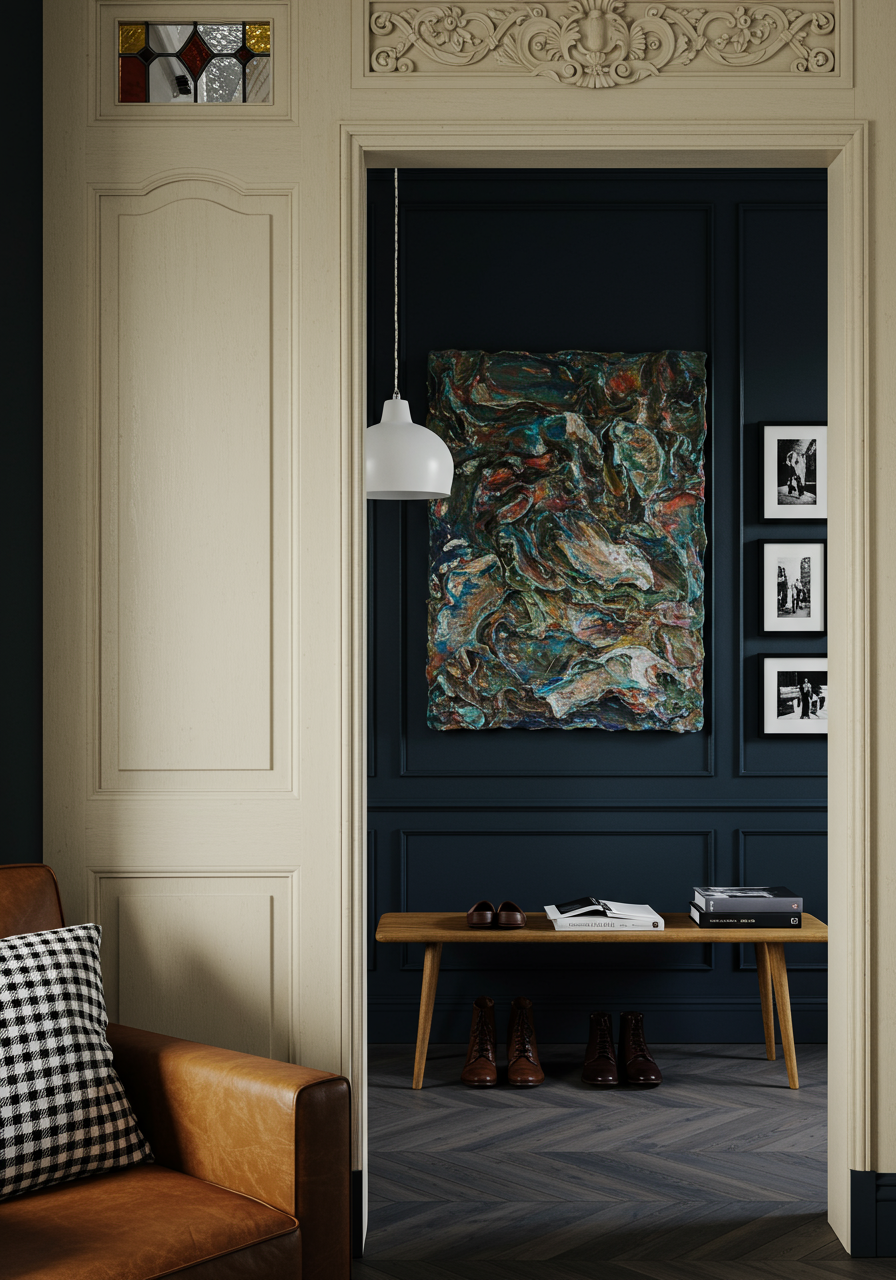in the entrance to this brooklyn brownstone a blue accent wall boasts a large artwork hanging above a bench