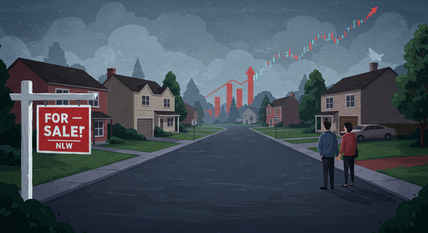 Illustrated suburban street with a for-sale sign and rising real estate market charts.