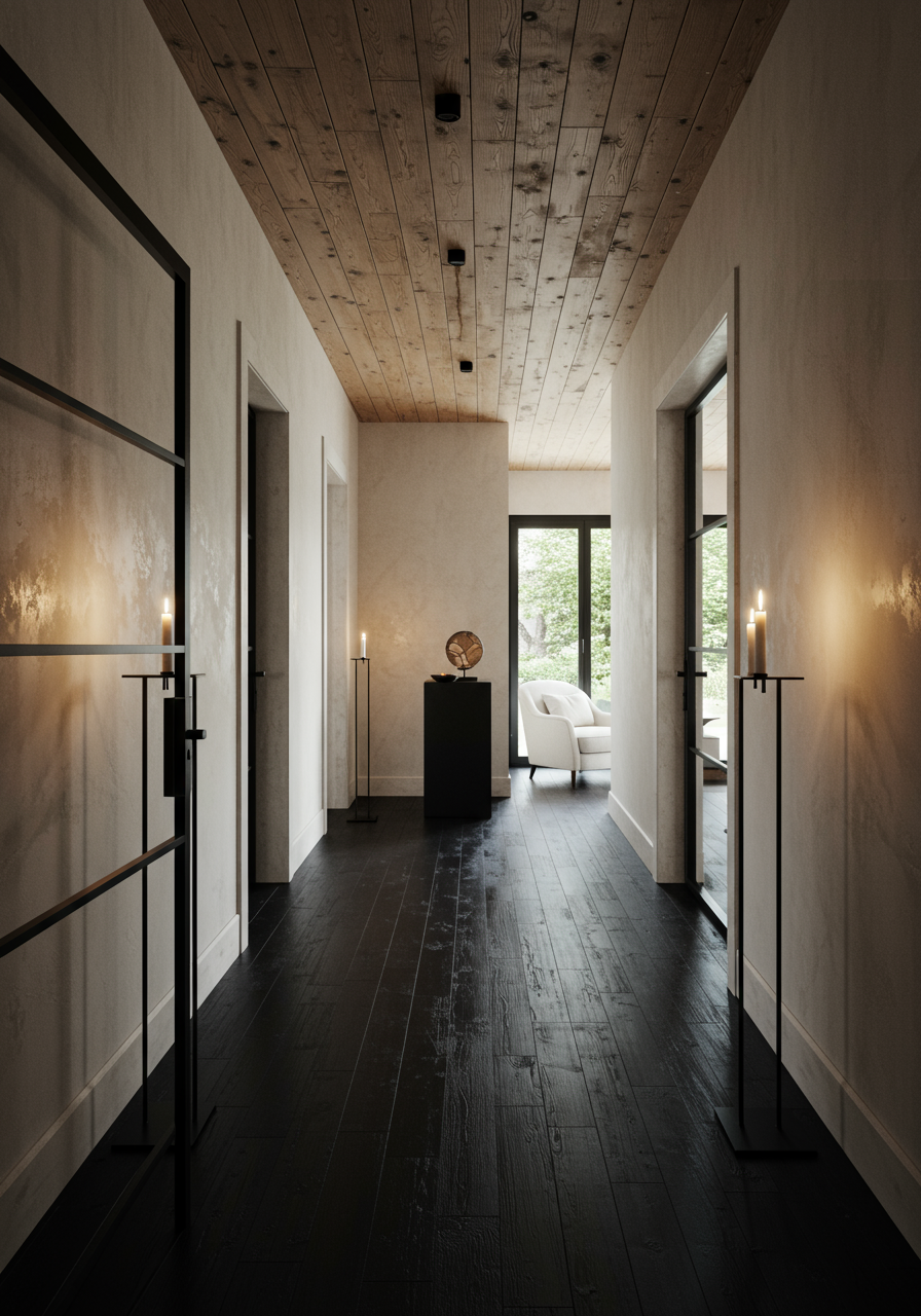 Image may contain Indoors Interior Design Floor Flooring Chair Furniture Wood Hardwood Stained Wood Candle and Art