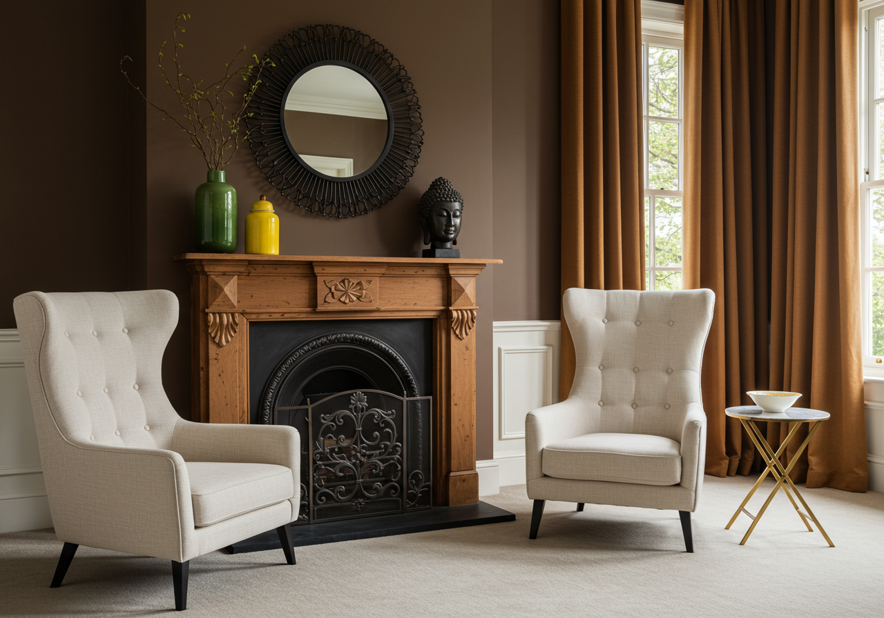 Living room with brown walls