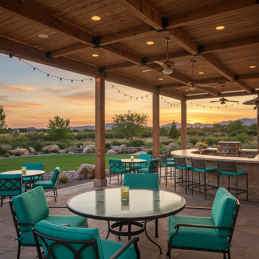 Covered patio with teal seating and an outdoor bar overlooking a lawn and mountains at sunset