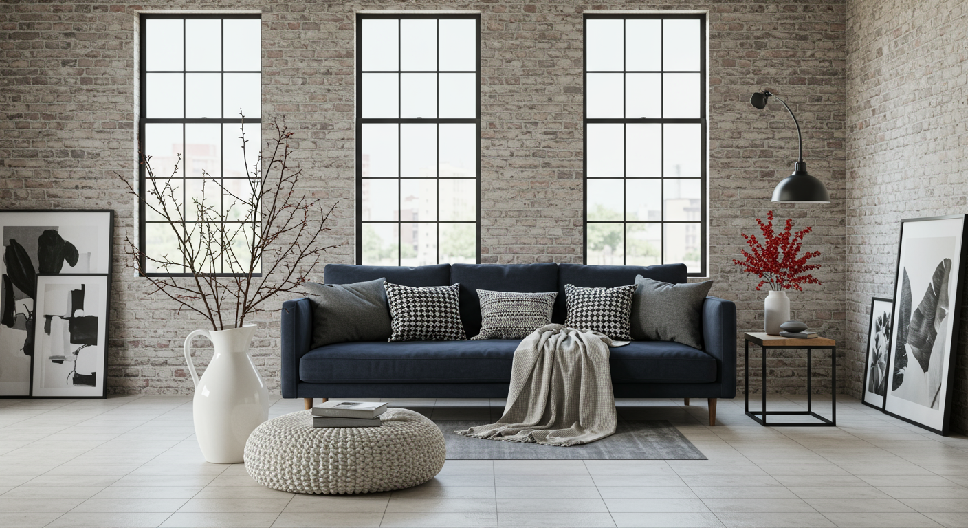 Living Room with Exposed Brick Wall