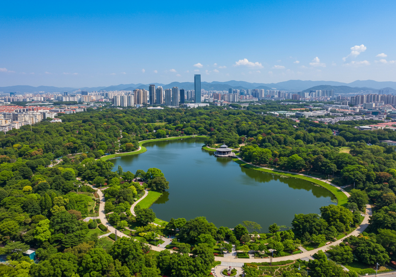 Colorado aerial drone view above City Park in east Denver near downtown showing the city skyline and Rocky Mountains in the background