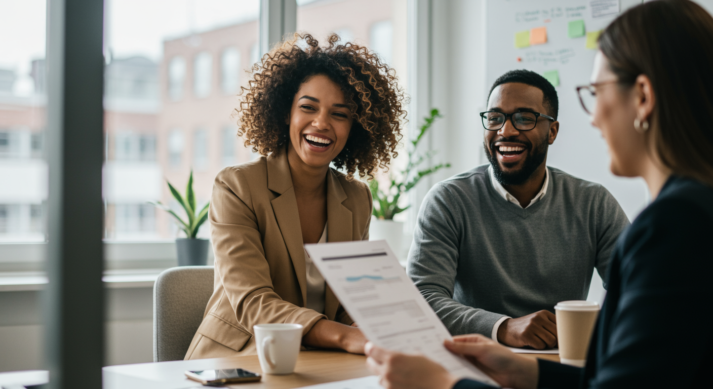 A couple reviews paperwork with a real estate agent in a bright office.