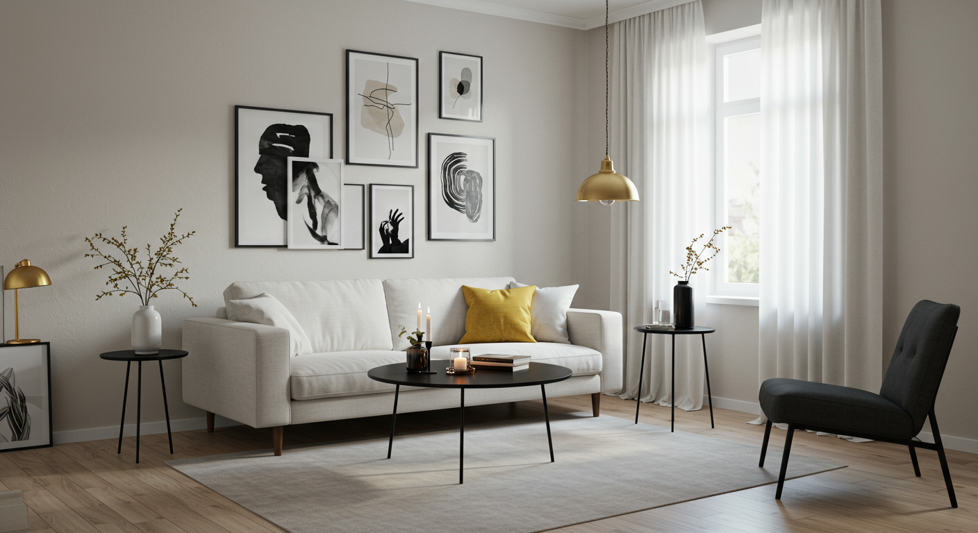 Minimalist living room with white sofa, black coffee table, modern wall art, and floor-to-ceiling curtains.