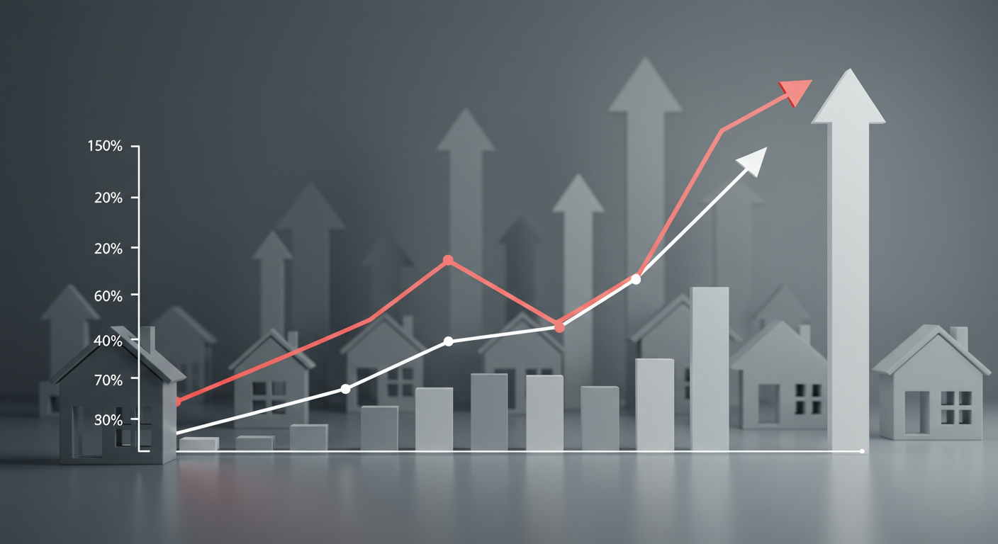 Real estate market chart with rising bars, upward-trending lines, and model houses.