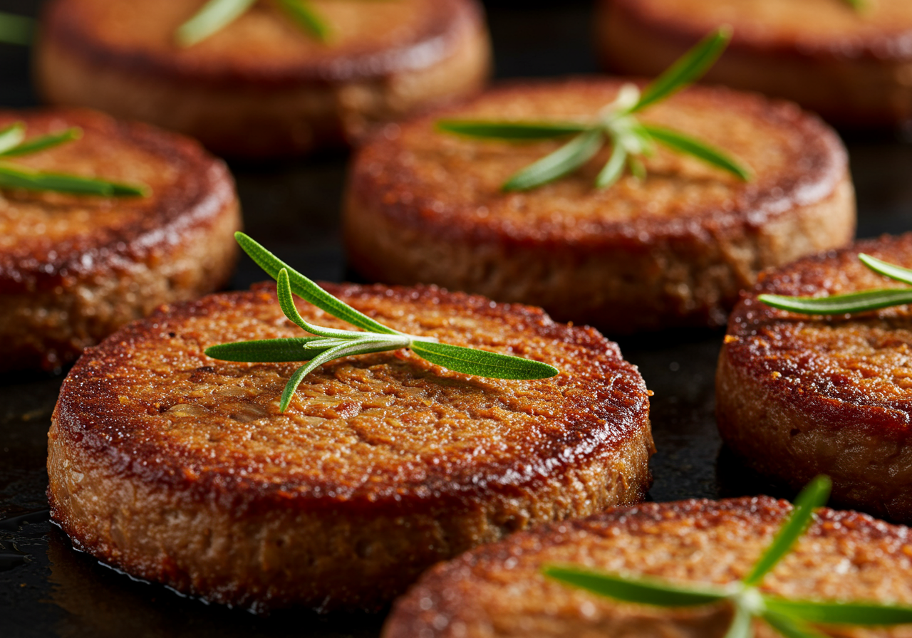 Pan grilled, plant based vegan meat steak with herbs. Alternatives meat. Eco friendly healthy food,