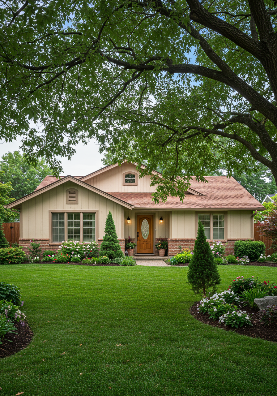 chairs in front of ranch style home in summer