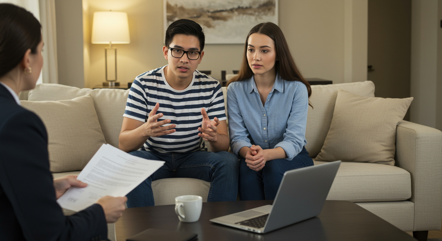 Real estate agent discusses paperwork with a couple seated on a living room sofa.