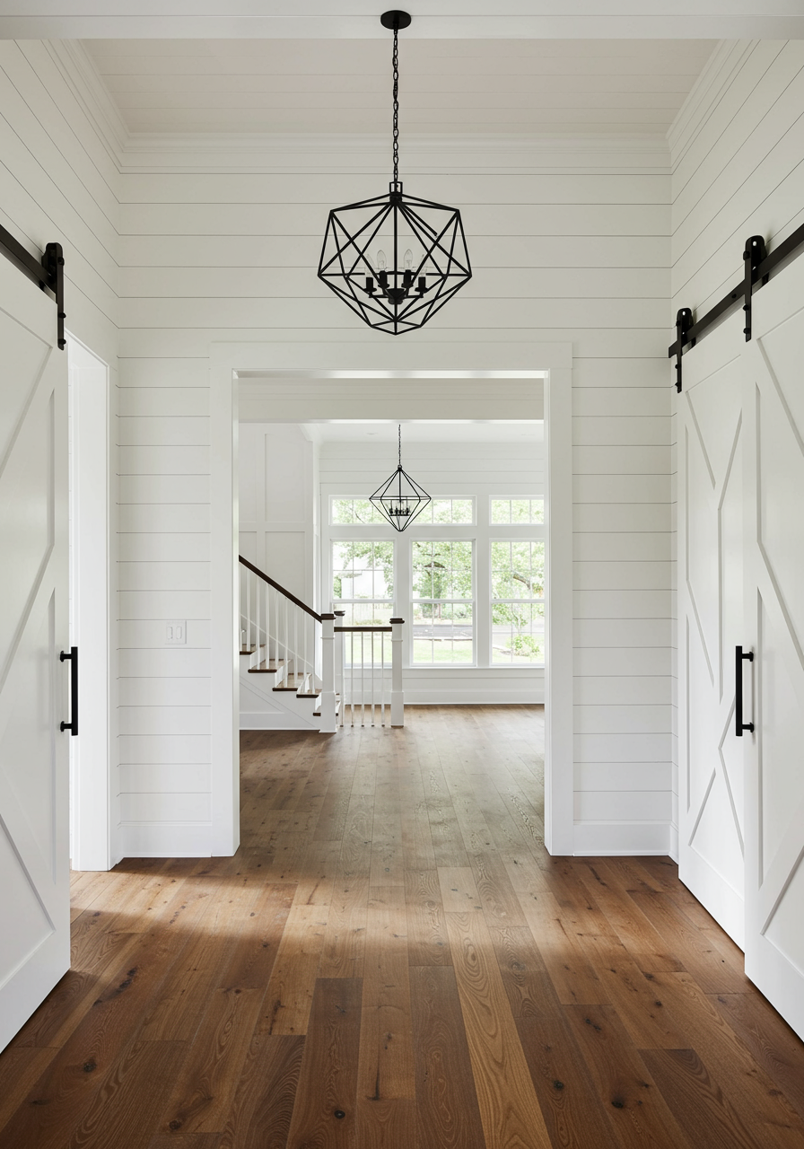 Bright entryway with wood floors, white barn doors, and a geometric chandelier overlooking a staircase and large windows.