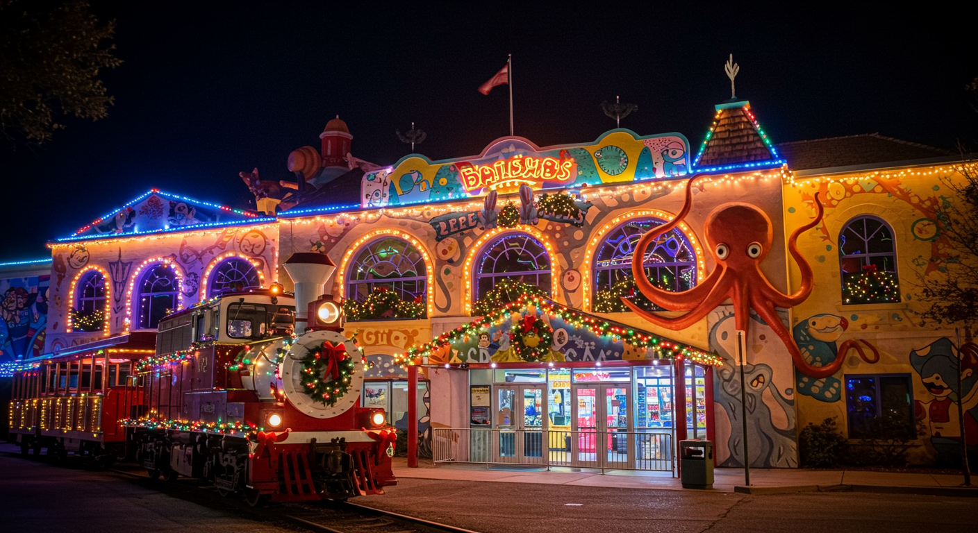 Roaring Camp steam train decorated in Christmas lights.