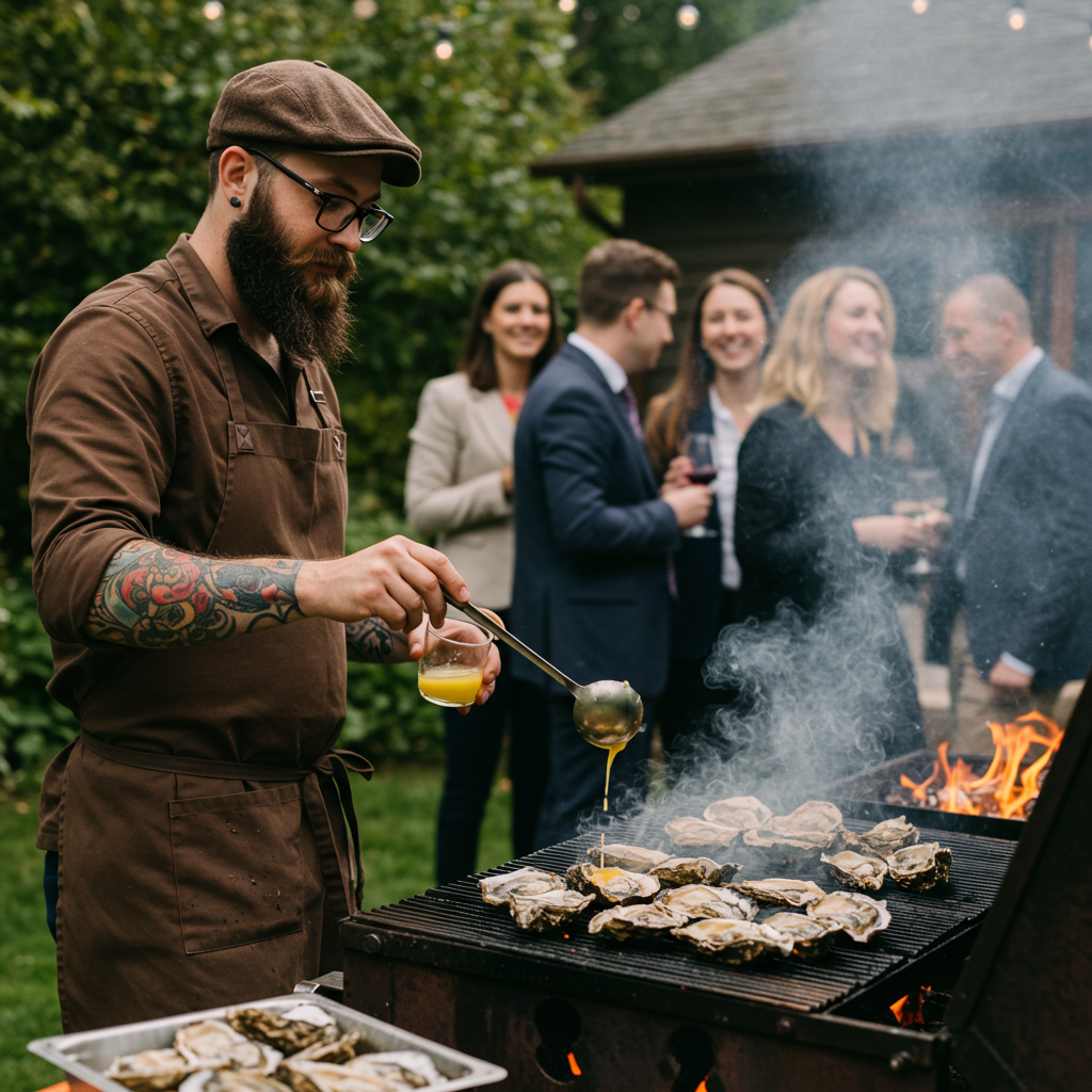 Grilling oysters outdoors