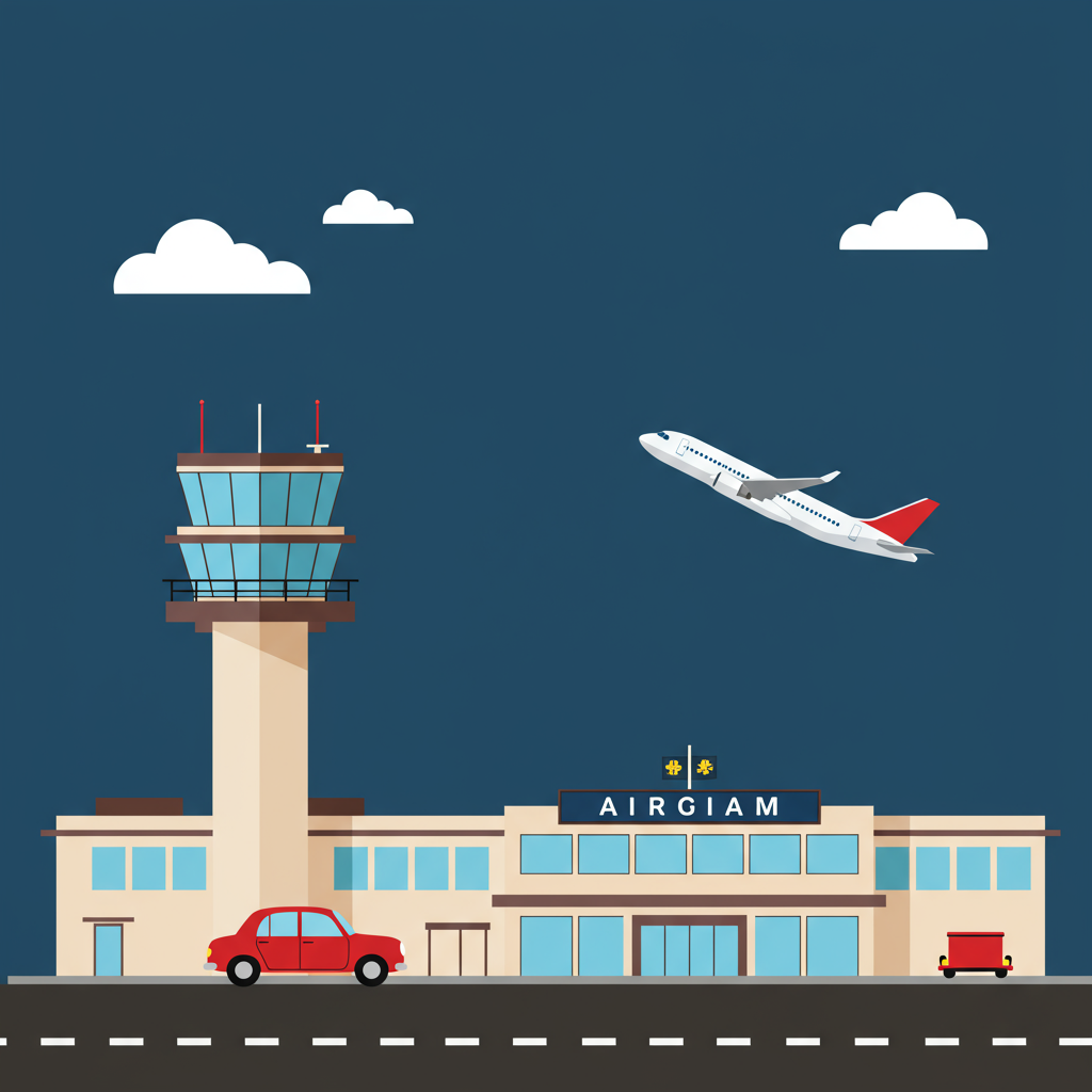 Illustrated airport terminal and control tower beside a road, with an airplane overhead.
