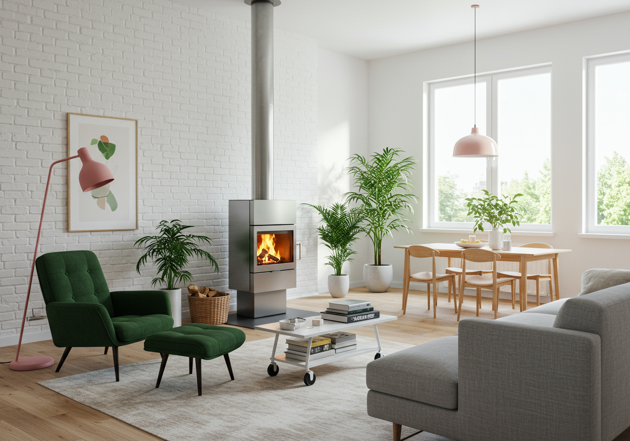 Living room with silver fireplace and plant decor