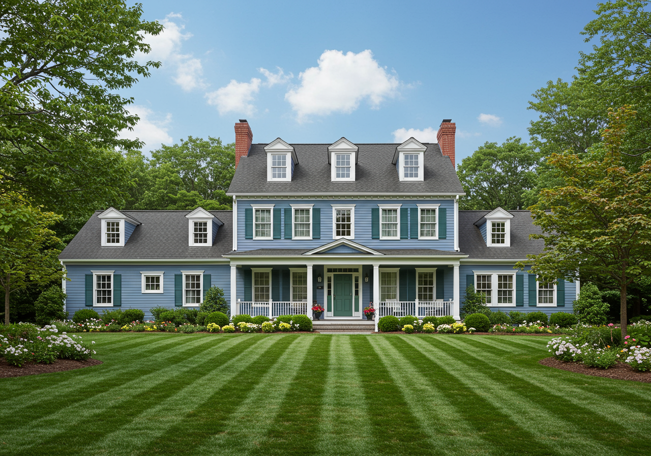 aerial view of a large, blue home, with a manicured lawn and pleasant landscaping