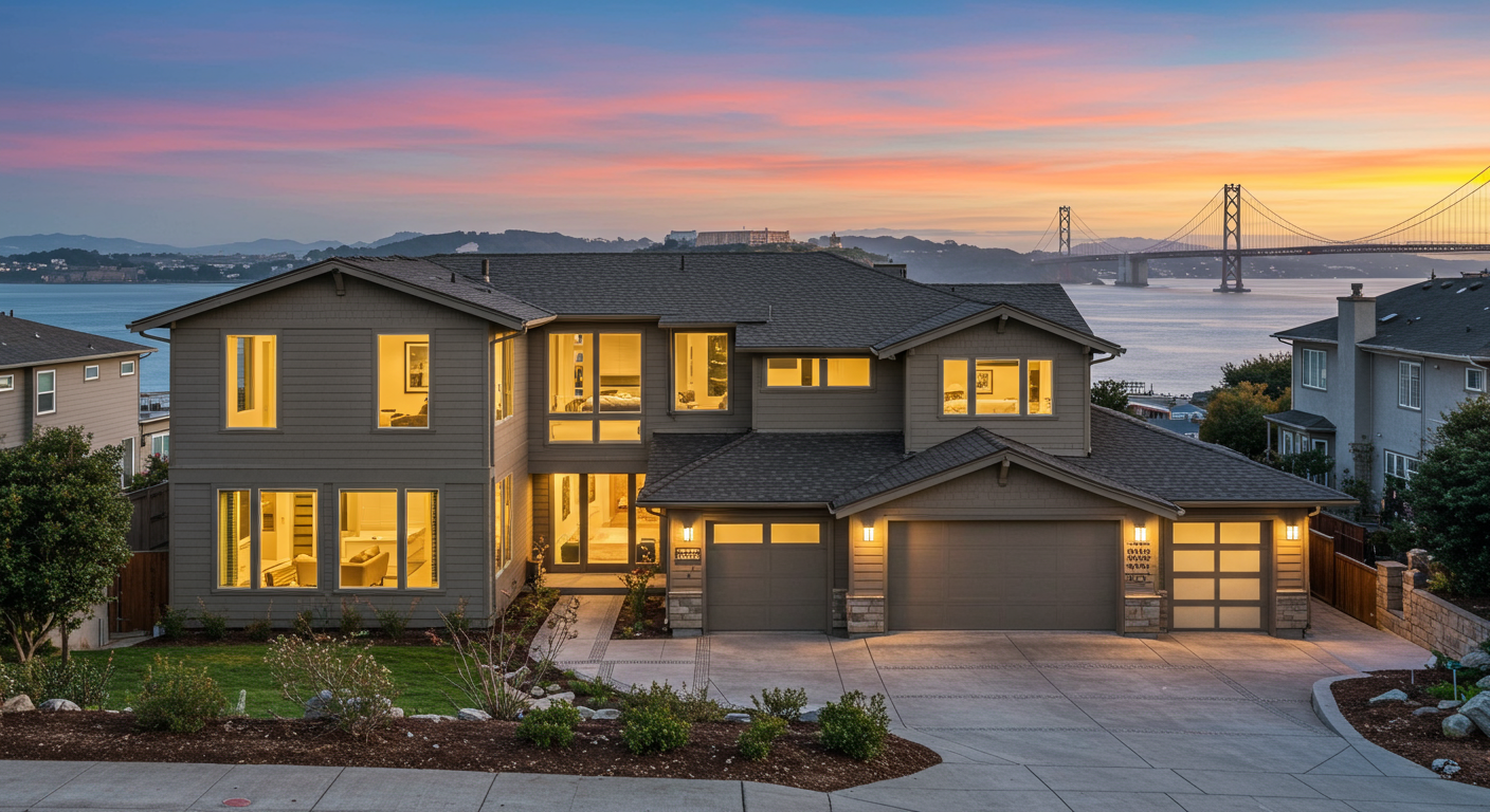 Two-story gray home with a three-car garage overlooking the water and a suspension bridge at dusk.