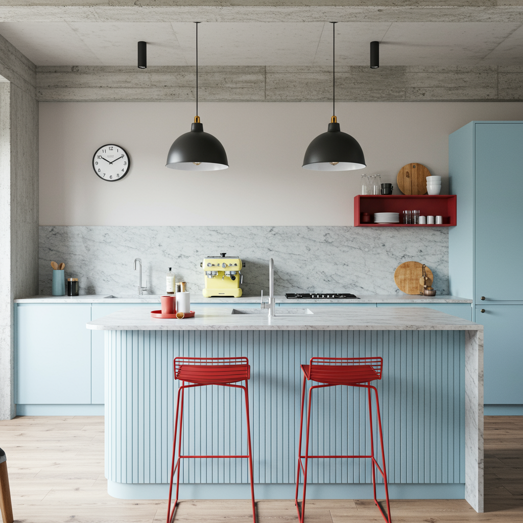 A blue kitchen with a blue island complete with a sink