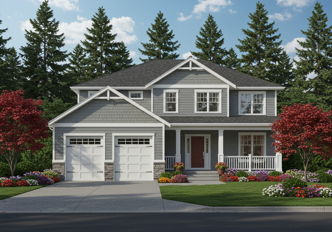 Nice curb appeal of grey house with garage and driveway. Column porch with American flag. Northwest USA