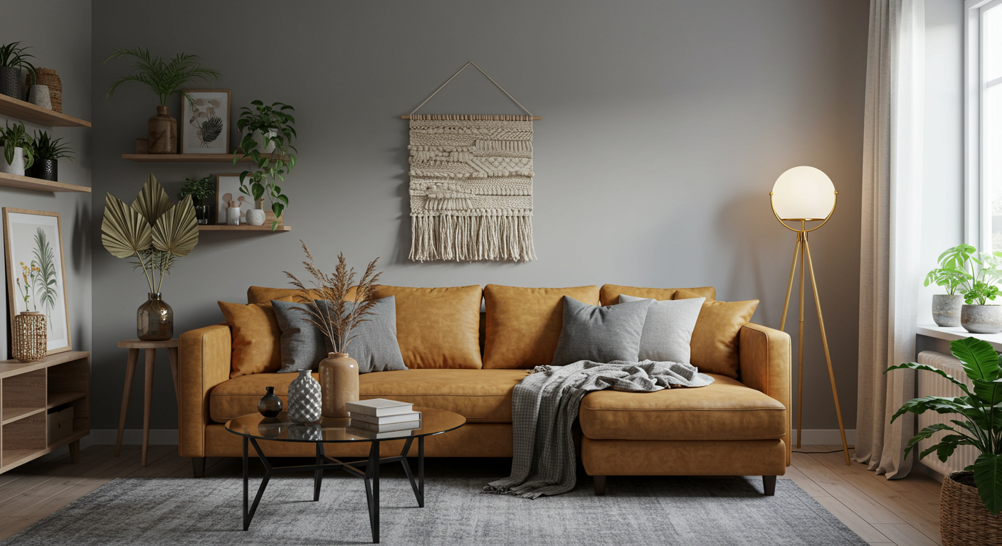 Living room with a mustard sectional, glass coffee table, leafy plants, and a bright window.